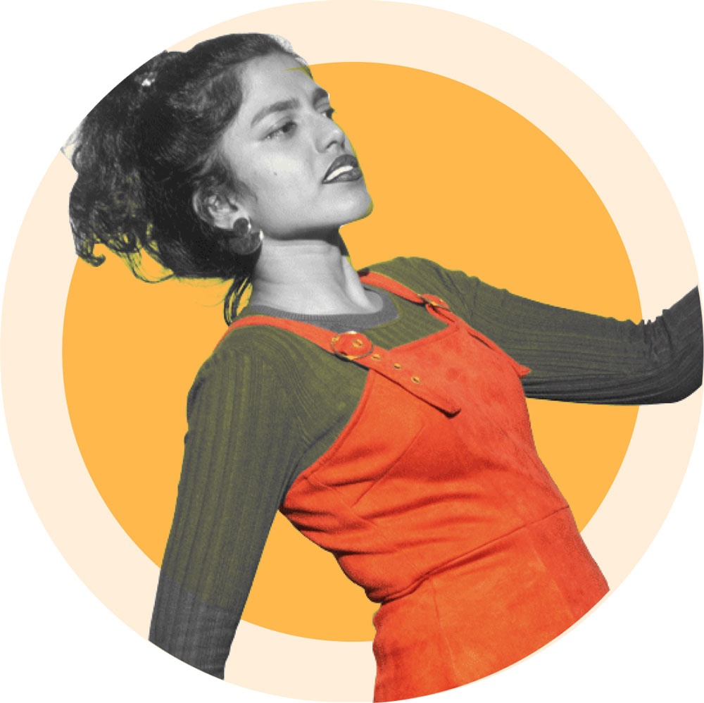 Swetha Kannan posing with an orange dress and yellow backdrop