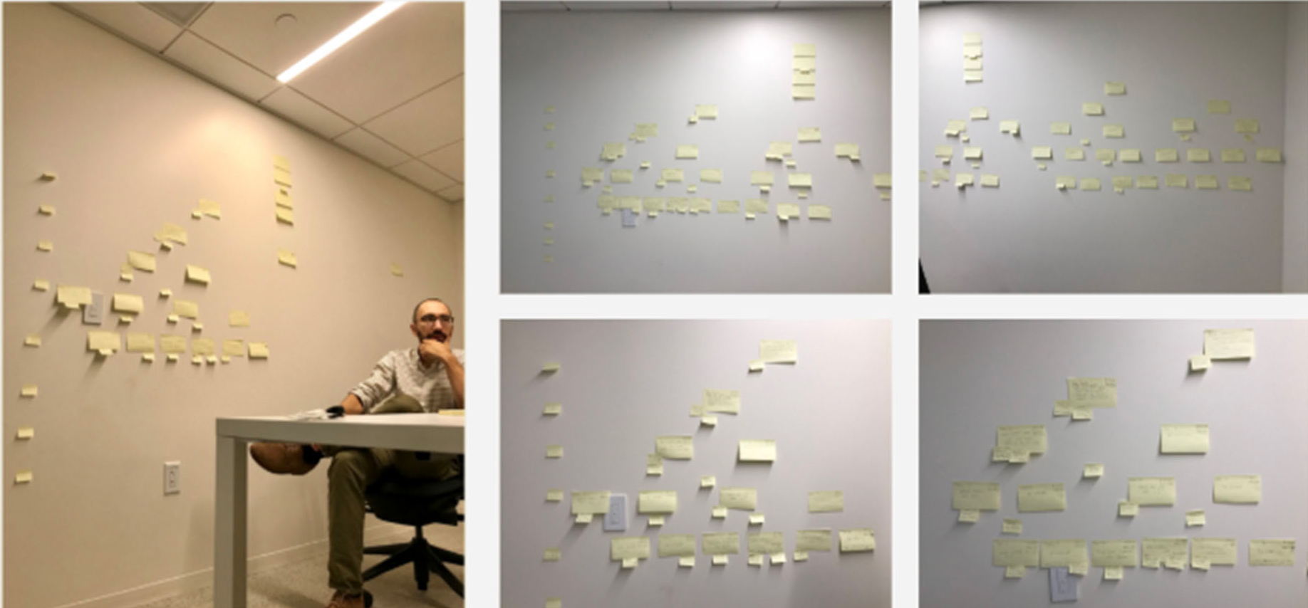 Post it notes stuck onto a wall which we used to brainstorm