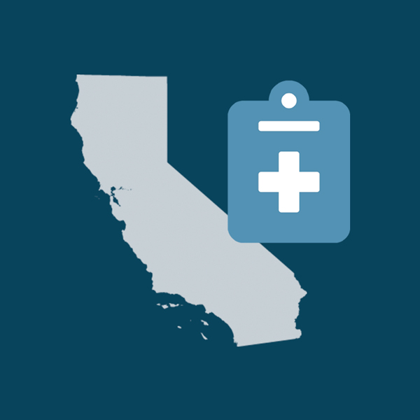 Outline of the state of California with a medical logo on top of it