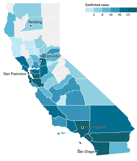 screenshots of a county-level chloropath map that shows where there was most coronavirus cases in California