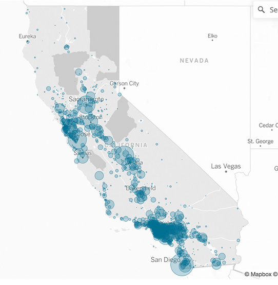 screenshots of a county-level bubble map map that shows where there was most coronavirus cases in California